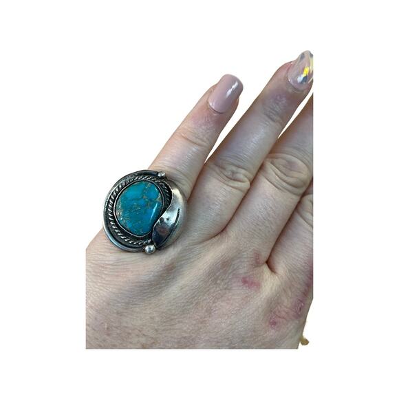 Vintage Turquoise Ring, Sterling Silver Native American Navajo Ring Sz 5 - Picture 8 of 9